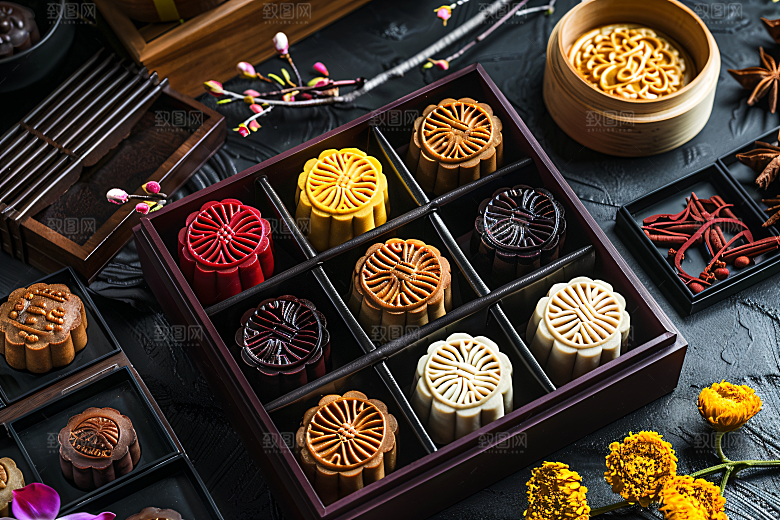 中秋月饼礼盒高清广式月饼摄影图