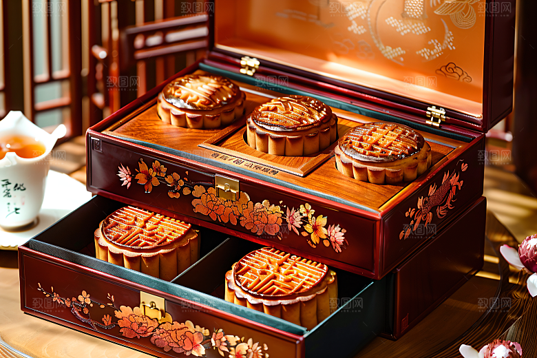 中秋月饼礼盒美味传统美食摄影图
