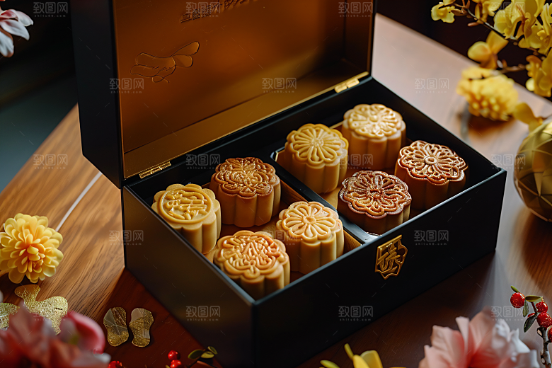 中秋月饼礼盒传统美食礼品摄影图
