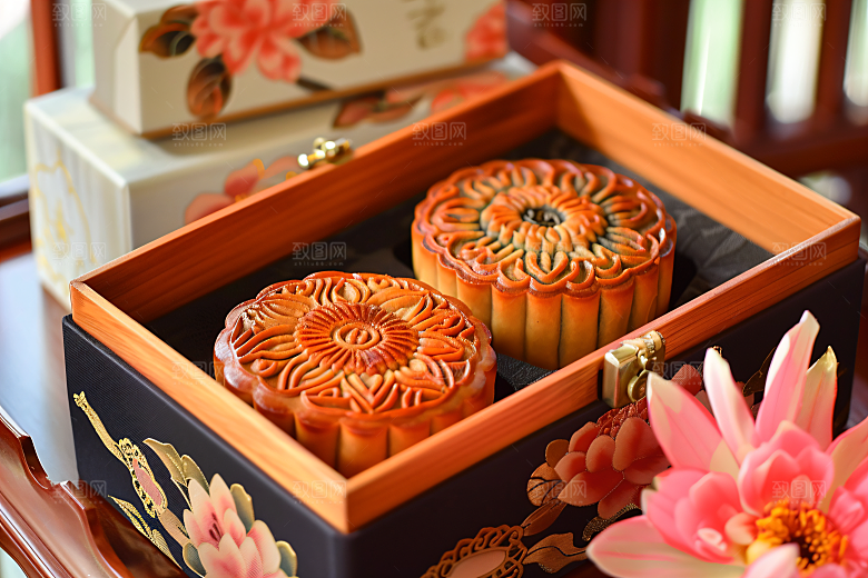 中秋月饼礼盒传统美食习俗摄影图