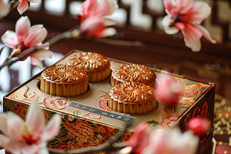 中秋月饼礼盒精致美味摄影图