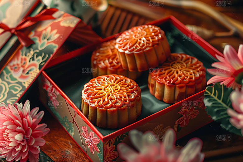 中秋月饼礼盒传统节日习俗摄影图