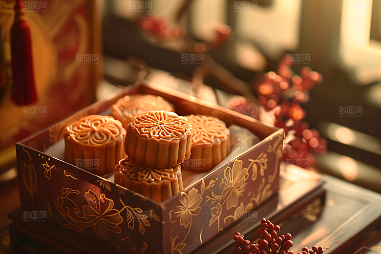 中秋月饼礼盒甜点习俗摄影图