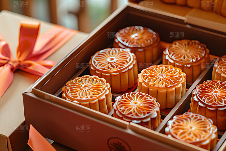中秋月饼礼盒美味甜点摄影图