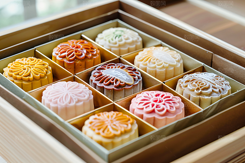 中秋月饼礼盒中秋节甜点摄影图