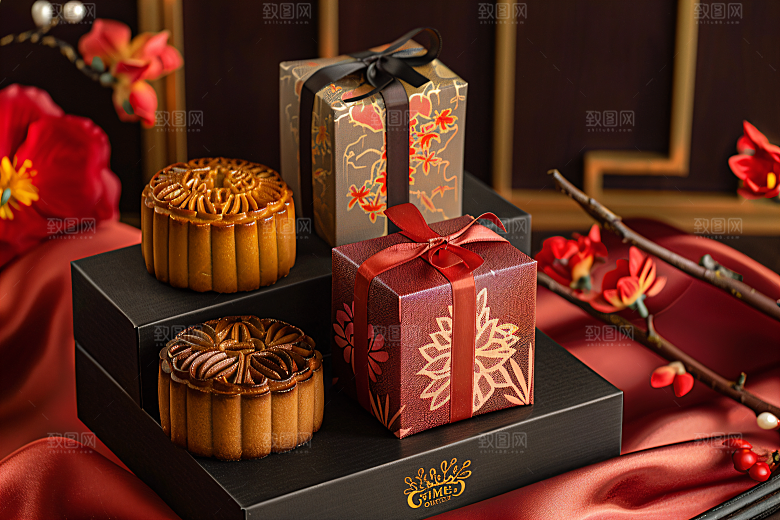 中秋月饼礼盒甜点美味摄影图