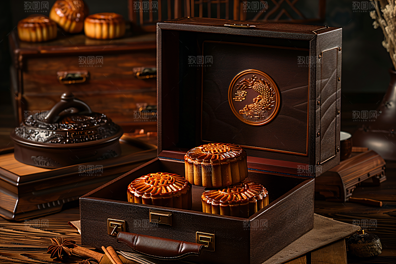 中秋月饼礼盒传统美食糕点摄影图