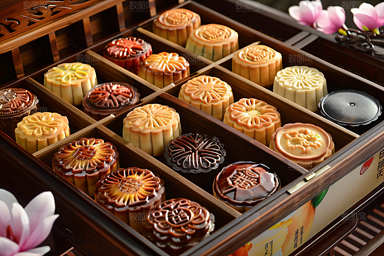中秋月饼礼盒传统美食中秋节摄影图