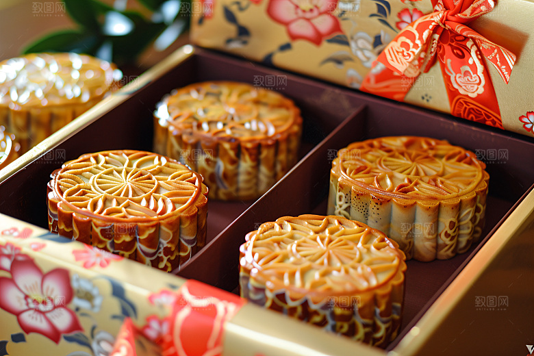 中秋月饼礼盒莲蓉月饼糕点摄影图