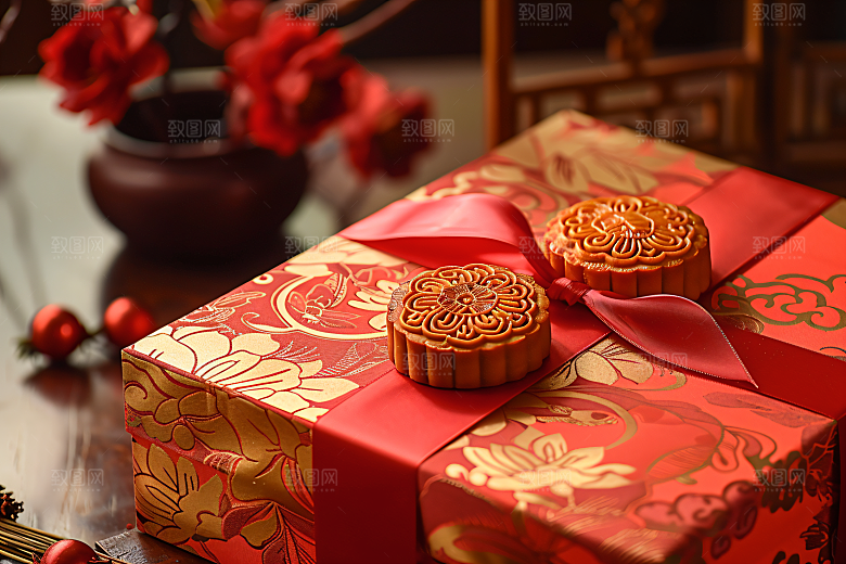 中秋月饼礼盒莲蓉月饼甜点摄影图