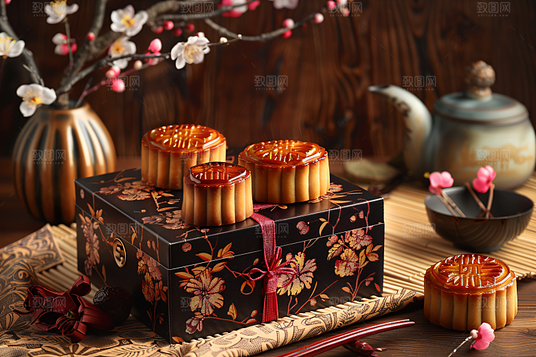 中秋月饼礼盒礼品莲蓉月饼摄影图