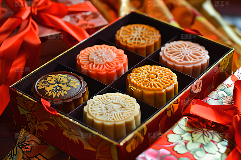 中秋月饼礼盒传统美食糕点摄影图