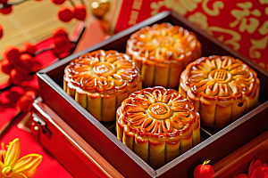 中秋月饼礼盒精致甜点摄影图
