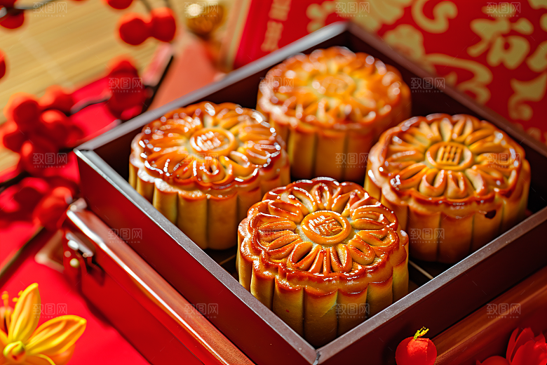 中秋月饼礼盒精致甜点摄影图