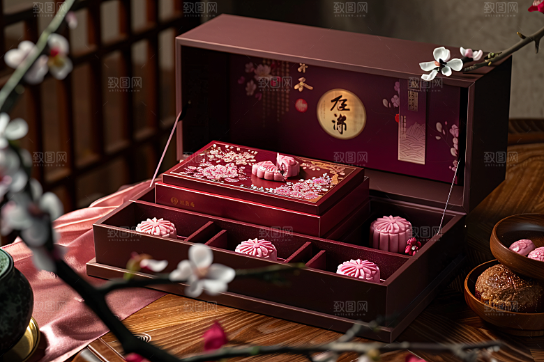 中秋月饼礼盒糕点习俗摄影图