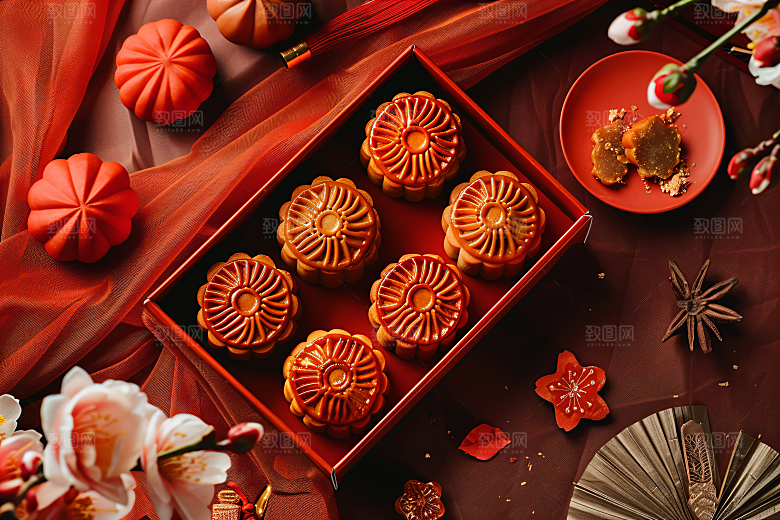 中秋月饼礼盒中秋节甜点摄影图