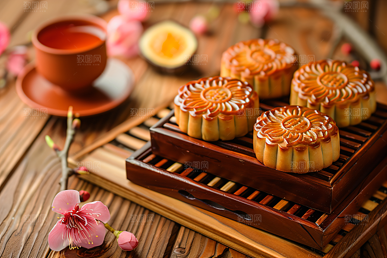 中秋月饼礼盒传统美食精致摄影图