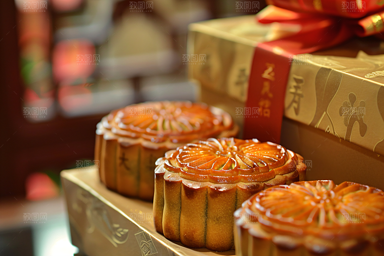中秋月饼礼盒精致莲蓉月饼摄影图