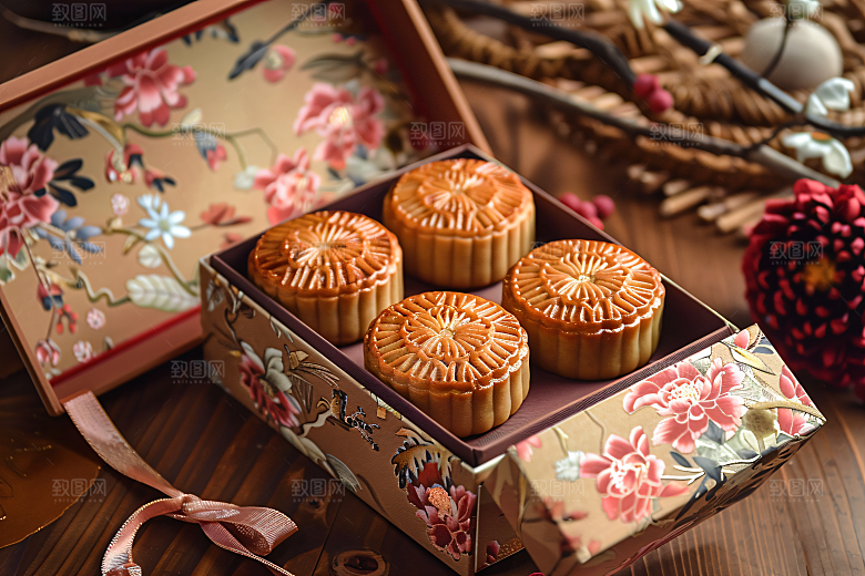 中秋月饼礼盒糕点莲蓉月饼摄影图