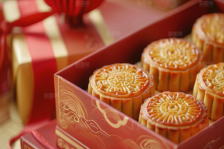 中秋月饼礼盒习俗精致摄影图