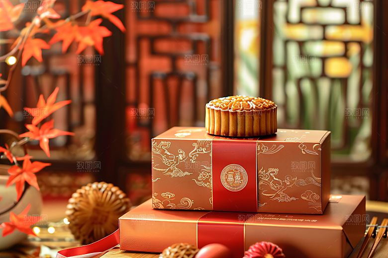 中秋月饼礼盒习俗美味摄影图