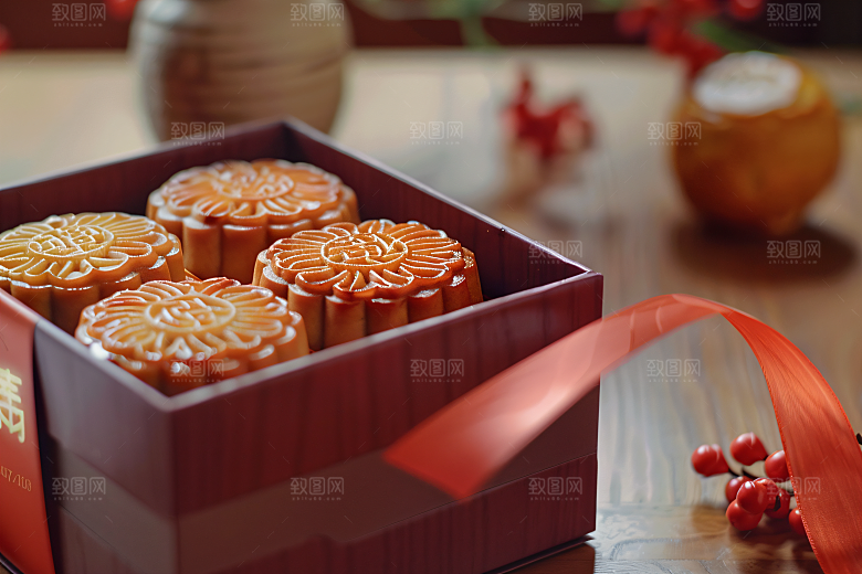 中秋月饼礼盒甜点习俗摄影图