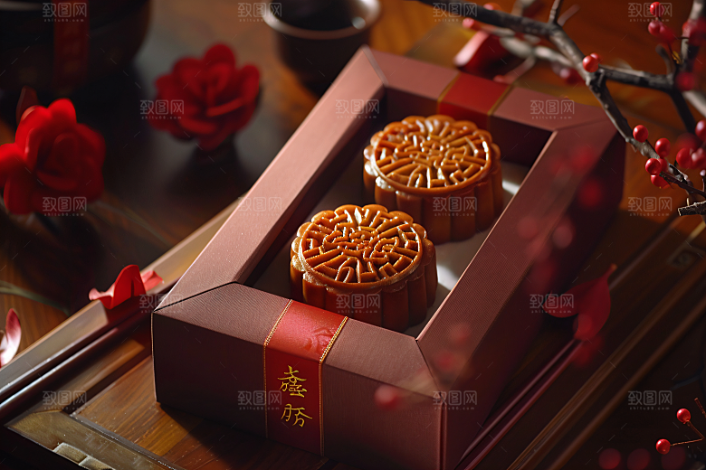 中秋月饼礼盒习俗美味摄影图
