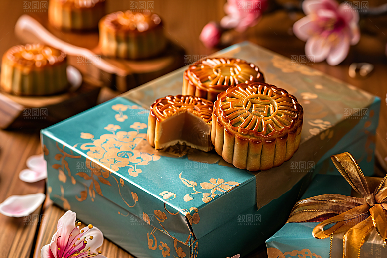 中秋月饼礼盒广式月饼美食摄影图