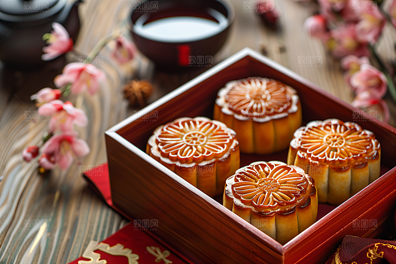 中秋月饼礼盒传统美食甜点摄影图