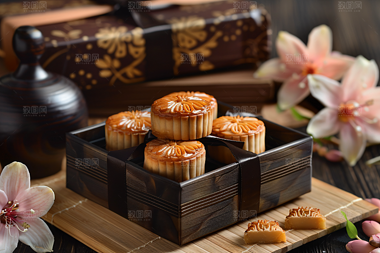 中秋月饼礼盒甜点美味摄影图