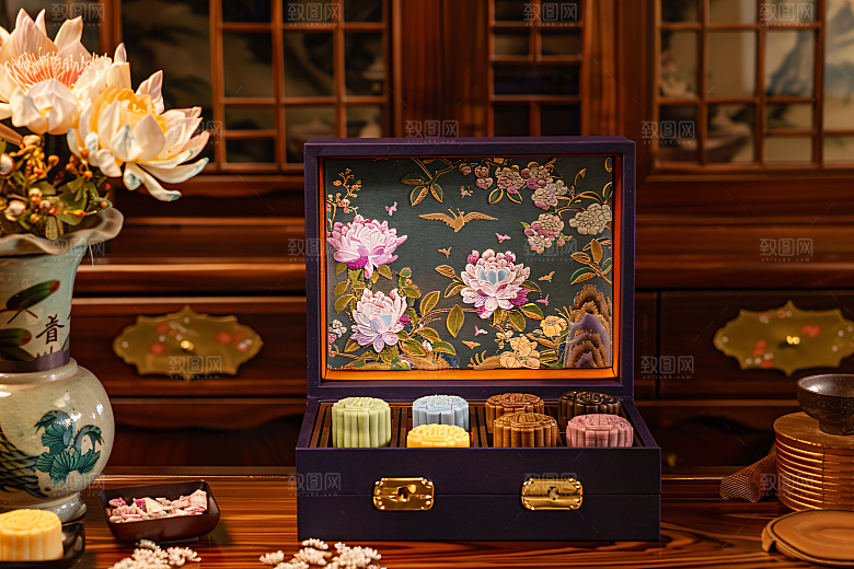 中秋月饼礼盒传统节日美食摄影图