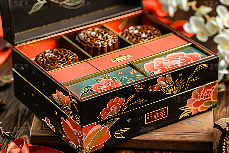 中秋月饼礼盒高清甜点摄影图
