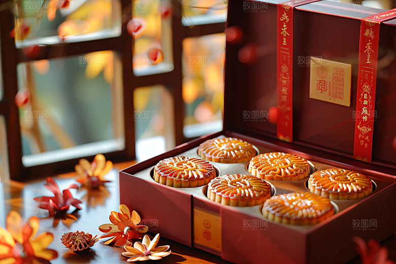 中秋月饼礼盒传统美食礼品摄影图