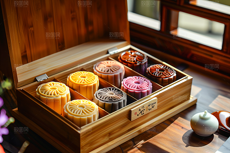 中秋月饼礼盒美味传统美食摄影图