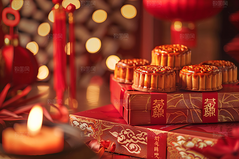 中秋月饼礼盒习俗美食摄影图