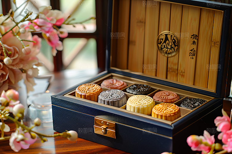 中秋月饼礼盒中秋节文化摄影图