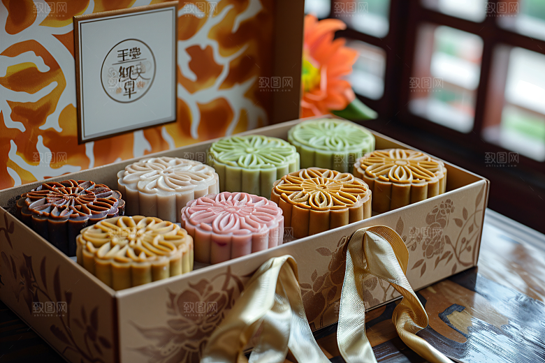 中秋月饼礼盒甜点精致摄影图