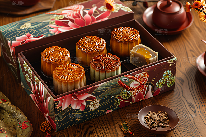 中秋月饼礼盒精致习俗摄影图