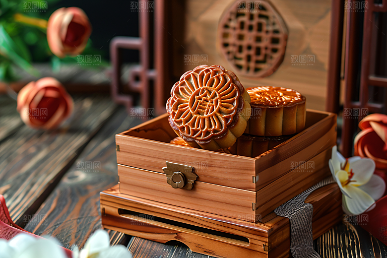 中秋月饼礼盒文化美味摄影图