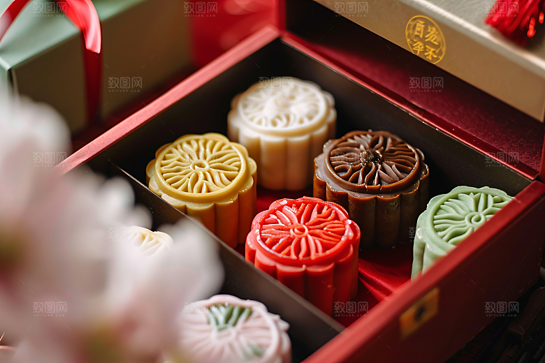 中秋月饼礼盒高清传统美食摄影图