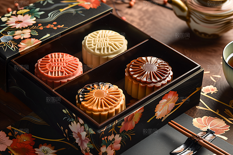 中秋月饼礼盒精致文化摄影图