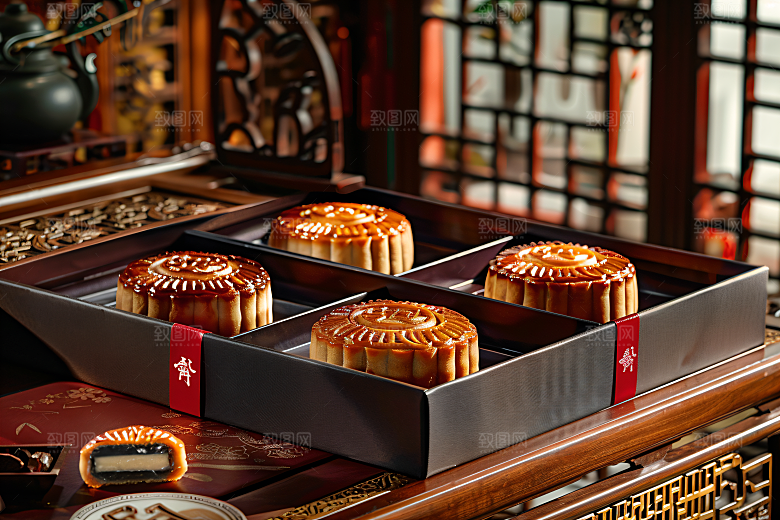 中秋月饼礼盒广式月饼美味摄影图