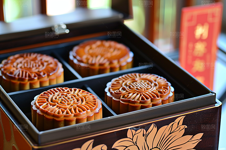 中秋月饼礼盒美味甜点摄影图