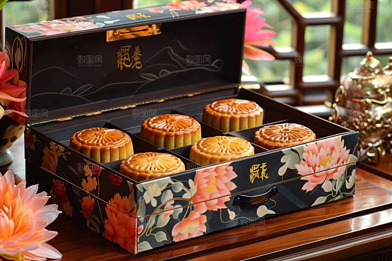 中秋月饼礼盒传统节日莲蓉月饼摄影图