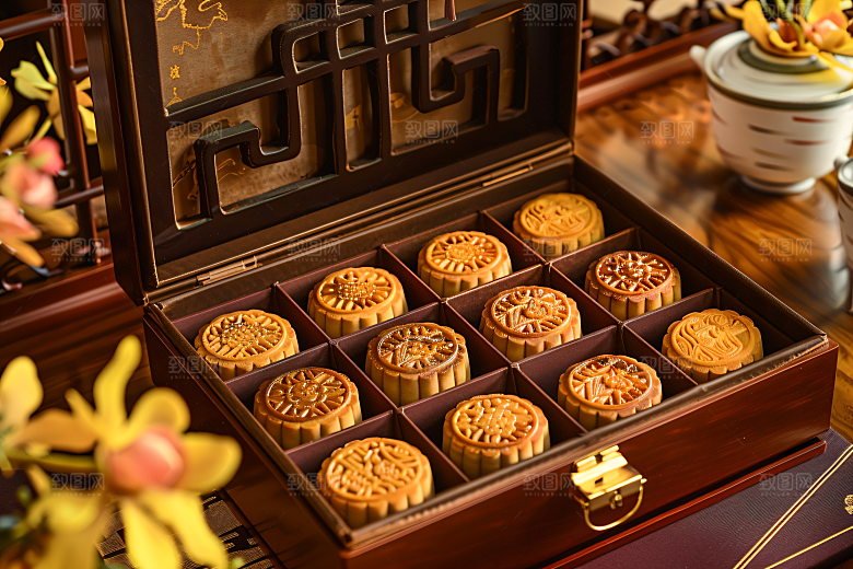 中秋月饼礼盒传统节日礼品摄影图