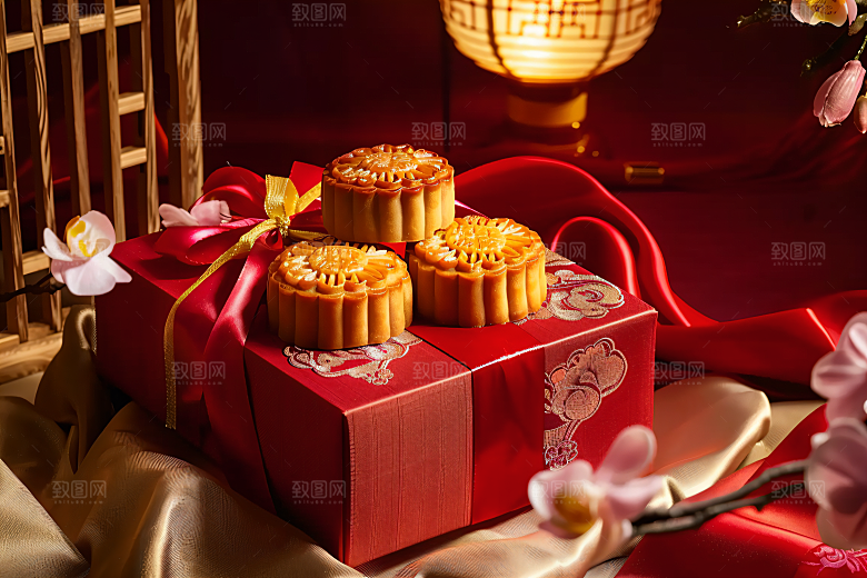 中秋月饼礼盒美食习俗摄影图