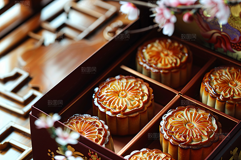 中秋月饼礼盒美味中秋节摄影图