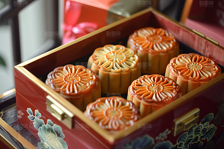 中秋月饼礼盒习俗糕点摄影图