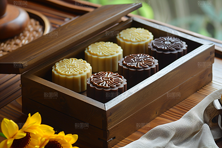 中秋月饼礼盒美食莲蓉月饼摄影图