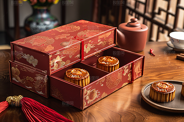 中秋月饼礼盒精致莲蓉月饼摄影图